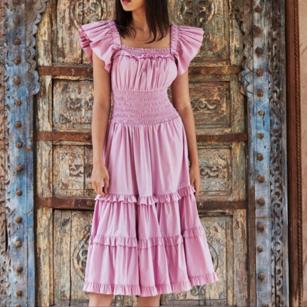 Charina Sarte Rosas Smocked Midi Dress Poplin Cotton Lilac XS
